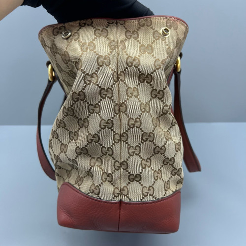 Gucci Tote Bag Canvas Calfskin GG Supreme Monogram Beige Brown Red