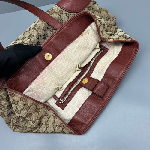 Gucci Tote Bag Canvas Calfskin GG Supreme Monogram Beige Brown Red