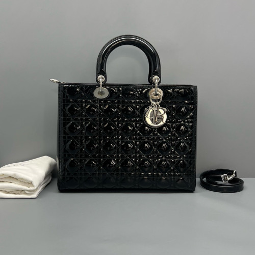 Dior Large Lady Dior Patent Calfskin Black