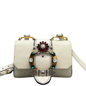 Miu Miu Crystal Embellished Madras Shoulder Calfskin White