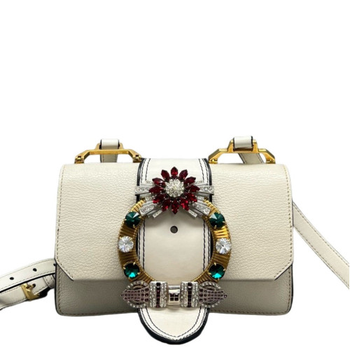 Miu Miu Crystal Embellished Madras Shoulder Calfskin White Miu Miu Crystal Embellished Madras Shoulder Calfskin White