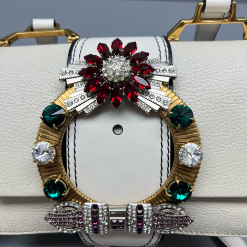 Miu Miu Crystal Embellished Madras Shoulder Calfskin White Miu Miu Crystal Embellished Madras Shoulder Calfskin White