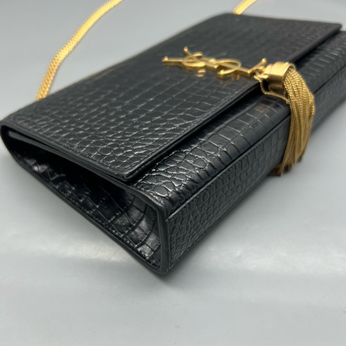 Yves Saint Laurent Medium Kate Crossbody Bag Calfskin Crocodile Embossed Black