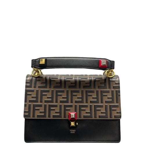 Fendi Studded Medium Kan I Embossed FF Calfskin Brown Black