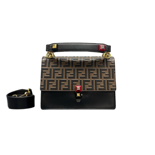 Fendi Studded Medium Kan I Embossed FF Calfskin Brown Black