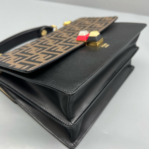 Fendi Studded Medium Kan I Embossed FF Calfskin Brown Black