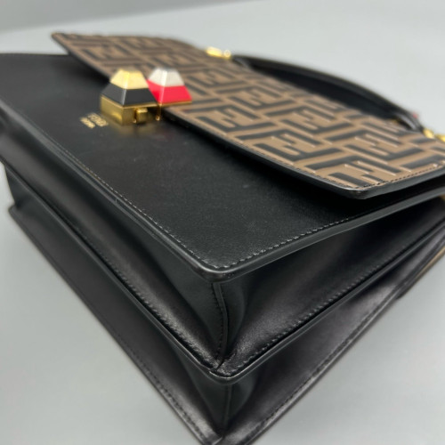 Fendi Studded Medium Kan I Embossed FF Calfskin Brown Black