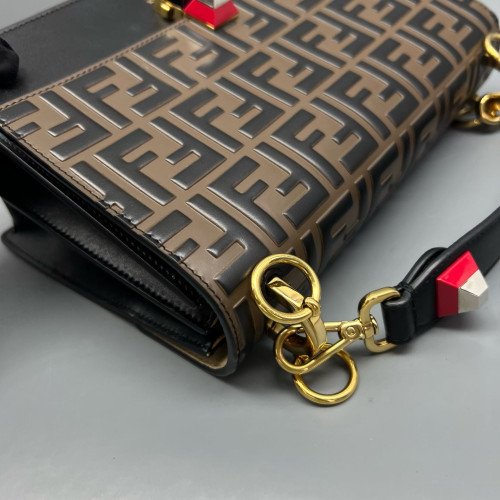 Fendi Studded Medium Kan I Embossed FF Calfskin Brown Black