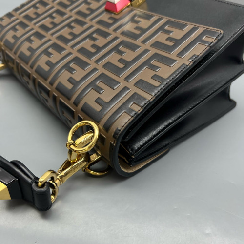 Fendi Studded Medium Kan I Embossed FF Calfskin Brown Black