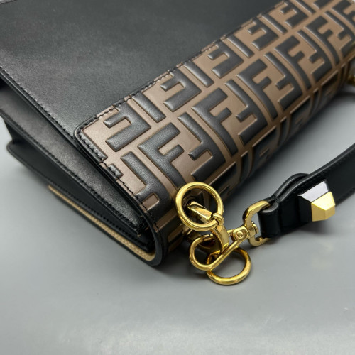 Fendi Studded Medium Kan I Embossed FF Calfskin Brown Black