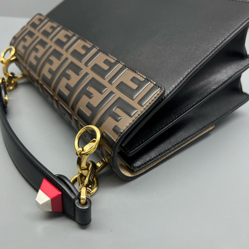 Fendi Studded Medium Kan I Embossed FF Calfskin Brown Black