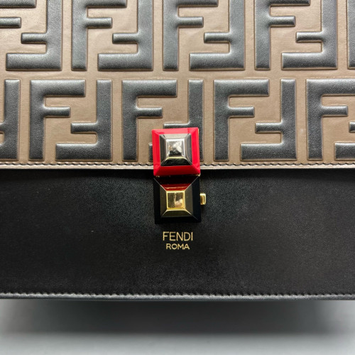 Fendi Studded Medium Kan I Embossed FF Calfskin Brown Black
