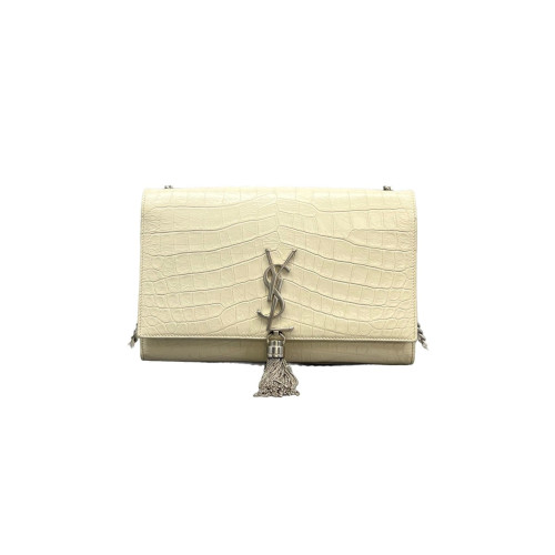 Yves Saint Laurent Medium Kate Crossbody Bag Calfskin Crocodile Embossed White