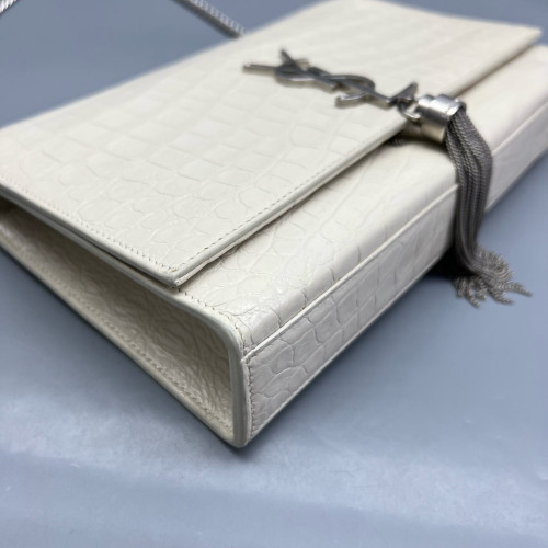 Yves Saint Laurent Medium Kate Crossbody Bag Calfskin Crocodile Embossed White