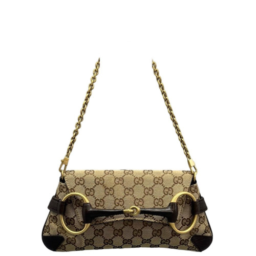 Gucci Small Horsebit Chain Shoulder Bag GG Monogram Brown