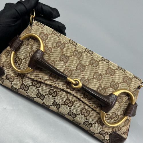 Gucci Small Horsebit Chain Shoulder Bag GG Monogram Brown