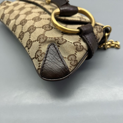 Gucci Small Horsebit Chain Shoulder Bag GG Monogram Brown