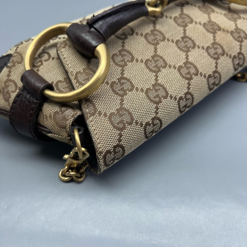 Gucci Small Horsebit Chain Shoulder Bag GG Monogram Brown