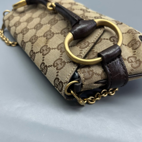 Gucci Small Horsebit Chain Shoulder Bag GG Monogram Brown