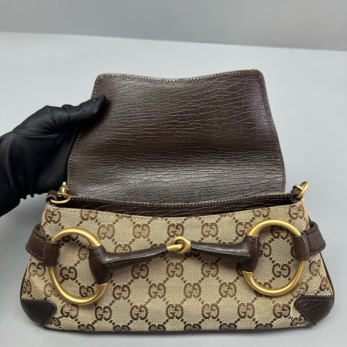 Gucci Small Horsebit Chain Shoulder Bag GG Monogram Brown
