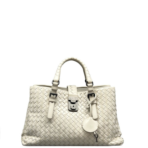 Bottega Veneta Small Roma Tote Bag Lambskin Intrecciato Nappa White