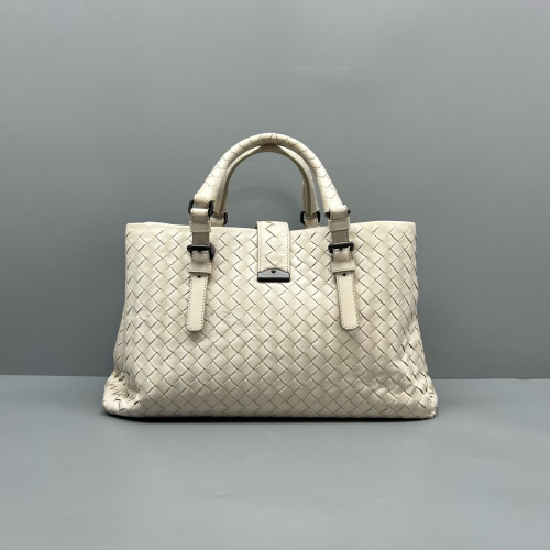 Bottega Veneta Small Roma Tote Bag Lambskin Intrecciato Nappa White