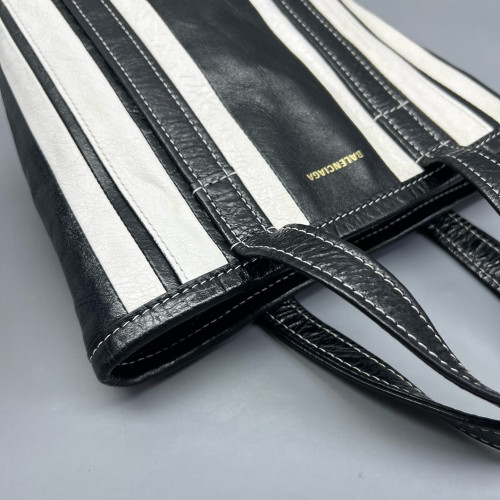 Balenciaga Small North-South Barber Shopper Tote Calfskin Black White Balenciaga Small North-South Barber Shopper Tote Calfskin Black White