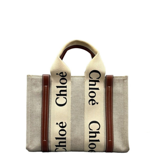 Chloe Small Woody Ribbon Tote Canvas Beige Brown Chloe Small Woody Ribbon Tote Canvas Beige Brown
