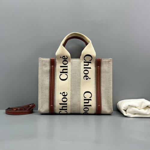 Chloe Small Woody Ribbon Tote Canvas Beige Brown Chloe Small Woody Ribbon Tote Canvas Beige Brown