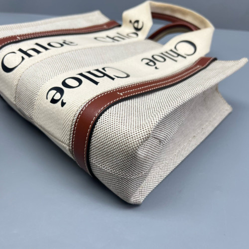 Chloe Small Woody Ribbon Tote Canvas Beige Brown Chloe Small Woody Ribbon Tote Canvas Beige Brown