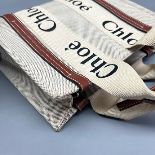 Chloe Small Woody Ribbon Tote Canvas Beige Brown Chloe Small Woody Ribbon Tote Canvas Beige Brown