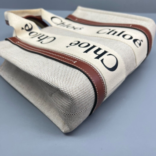 Chloe Small Woody Ribbon Tote Canvas Beige Brown Chloe Small Woody Ribbon Tote Canvas Beige Brown