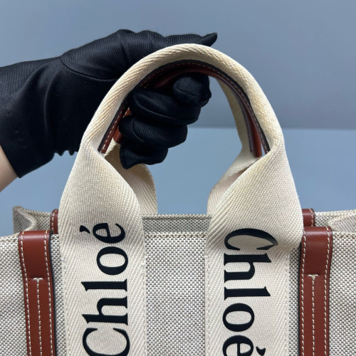 Chloe Small Woody Ribbon Tote Canvas Beige Brown Chloe Small Woody Ribbon Tote Canvas Beige Brown