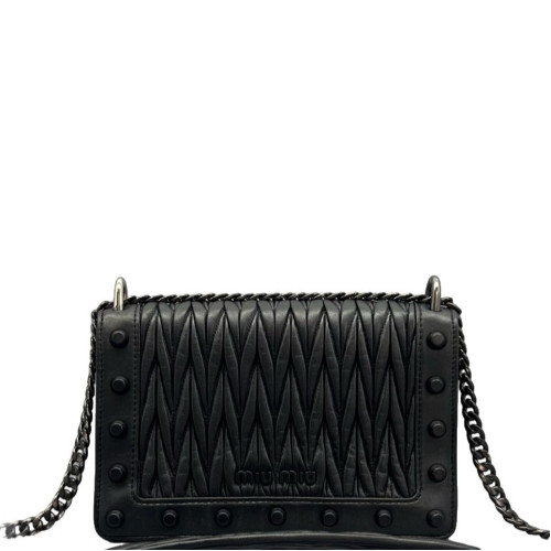 Miu Miu Studded Flap Bag Crumpled Lambskin Black