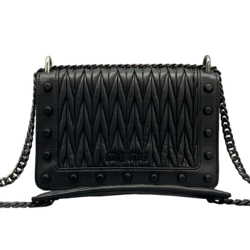 Miu Miu Studded Flap Bag Crumpled Lambskin Black