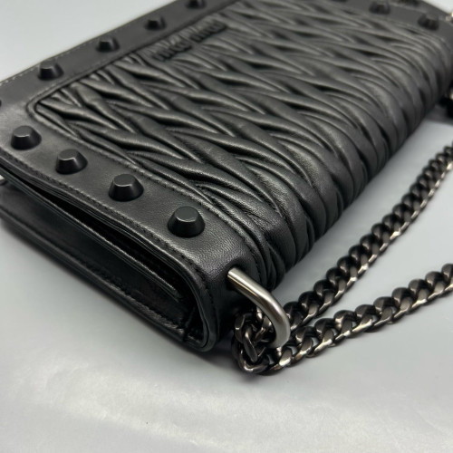Miu Miu Studded Flap Bag Crumpled Lambskin Black