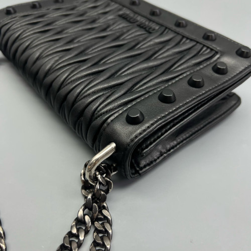 Miu Miu Studded Flap Bag Crumpled Lambskin Black