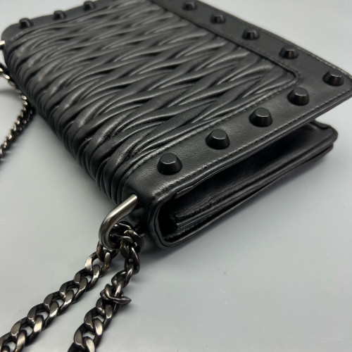 Miu Miu Studded Flap Bag Crumpled Lambskin Black