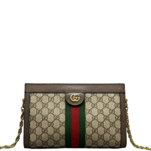 Gucci Small Ophidia Chain Shoulder Bag GG Monogram Calfskin Canvas Beige Brown Green