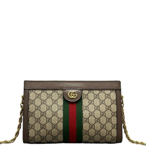 Gucci Small Ophidia Chain Shoulder Bag GG Monogram Calfskin Canvas Beige Brown Green
