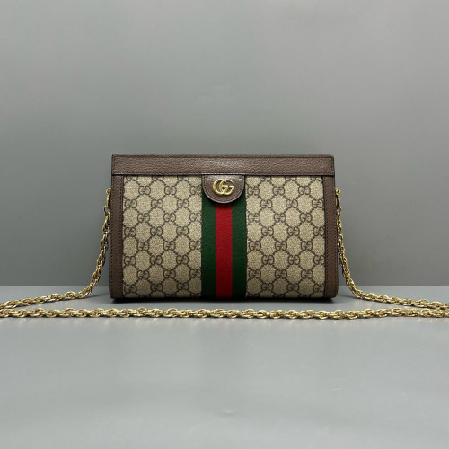 Gucci Small Ophidia Chain Shoulder Bag GG Monogram Calfskin Canvas Beige Brown Green