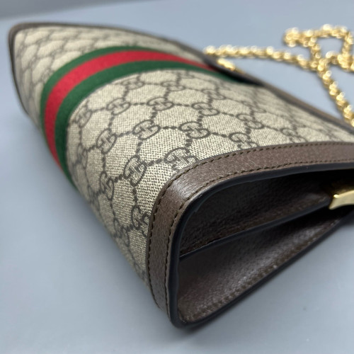 Gucci Small Ophidia Chain Shoulder Bag GG Monogram Calfskin Canvas Beige Brown Green