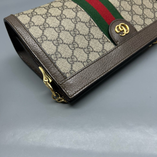 Gucci Small Ophidia Chain Shoulder Bag GG Monogram Calfskin Canvas Beige Brown Green