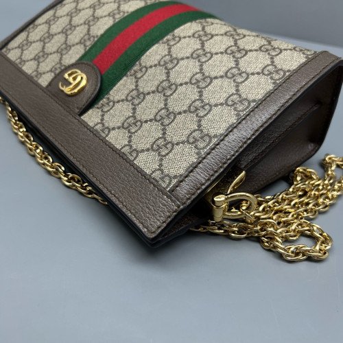 Gucci Small Ophidia Chain Shoulder Bag GG Monogram Calfskin Canvas Beige Brown Green