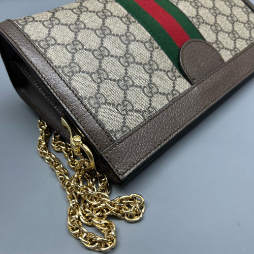 Gucci Small Ophidia Chain Shoulder Bag GG Monogram Calfskin Canvas Beige Brown Green