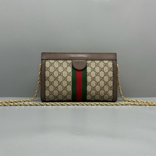 Gucci Small Ophidia Chain Shoulder Bag GG Monogram Calfskin Canvas Beige Brown Green