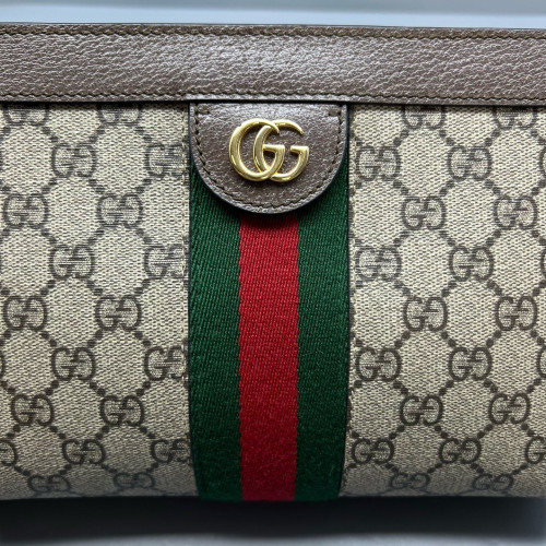 Gucci Small Ophidia Chain Shoulder Bag GG Monogram Calfskin Canvas Beige Brown Green