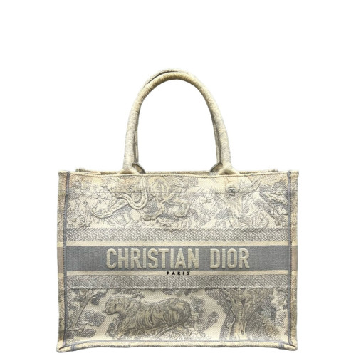 Dior Embroidered Medium Book Tote Canvas Grey White