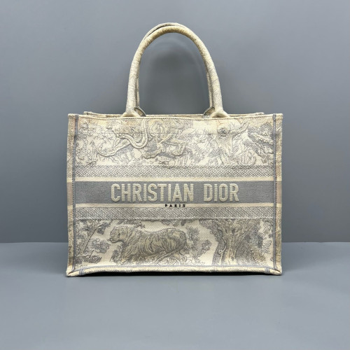 Dior Embroidered Medium Book Tote Canvas Grey White