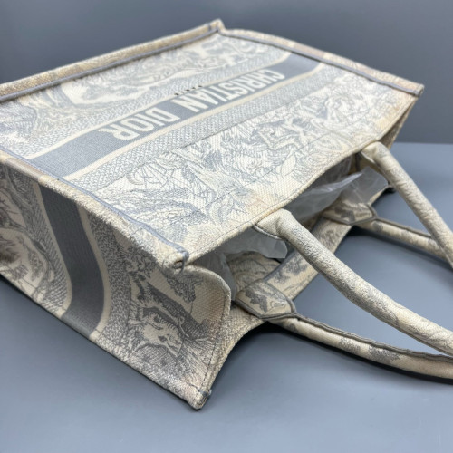 Dior Embroidered Medium Book Tote Canvas Grey White